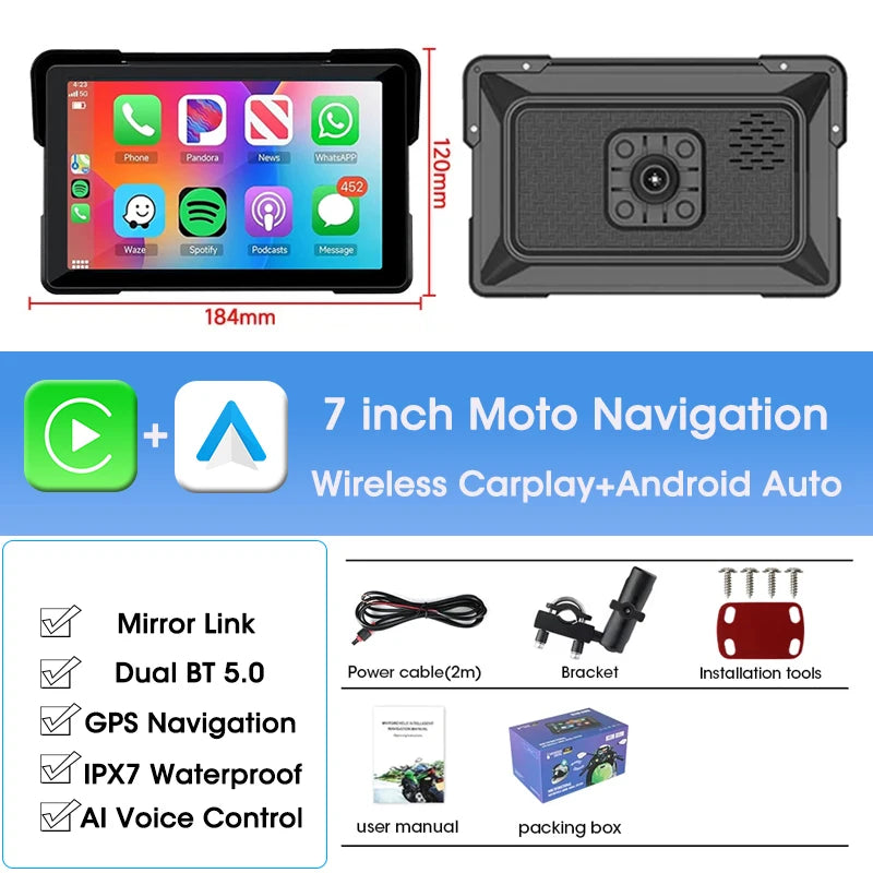 5/7 inch Portable Carplay Motorcycle DVR GPS Navigation IPX7 Waterproof LCD Display For Wireless CarPlay Android Auto