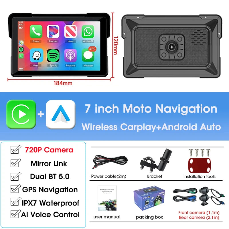 5/7 inch Portable Carplay Motorcycle DVR GPS Navigation IPX7 Waterproof LCD Display For Wireless CarPlay Android Auto