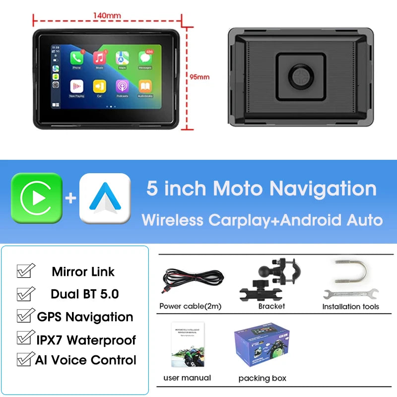 5/7 inch Portable Carplay Motorcycle DVR GPS Navigation IPX7 Waterproof LCD Display For Wireless CarPlay Android Auto