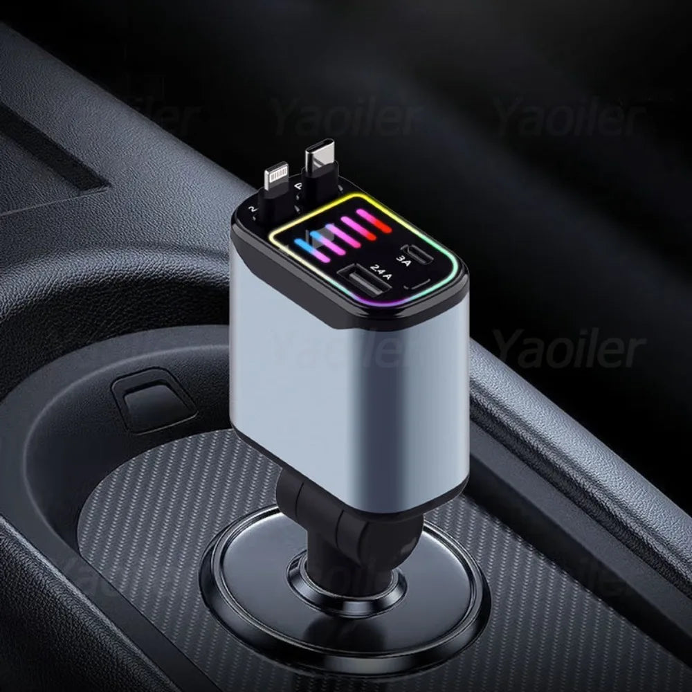 2025 New Retractable Car Charger 4-in-1 120W USB C Fast Car Charging with Dual Telescopic Cords Mobile Phone Charger Adapter