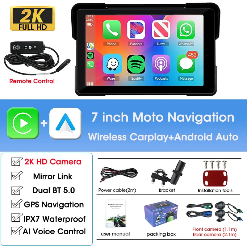 5/7 inch Portable Carplay Motorcycle DVR GPS Navigation IPX7 Waterproof LCD Display For Wireless CarPlay Android Auto