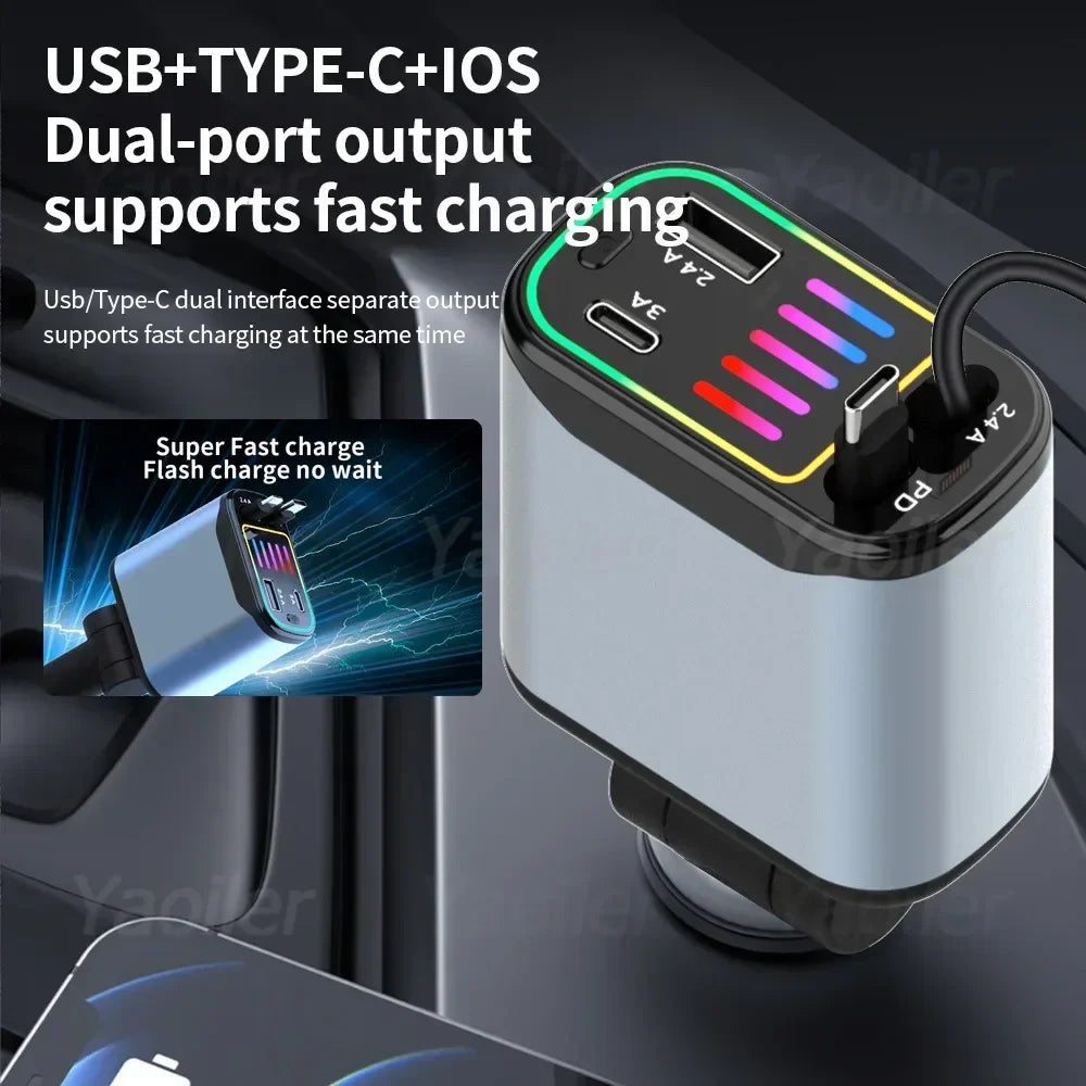 2025 New Retractable Car Charger 4-in-1 120W USB C Fast Car Charging with Dual Telescopic Cords Mobile Phone Charger Adapter